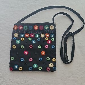 Toni Vibrant Button/Beaded Embellished Black Crossbody Bag 6x7 EUC